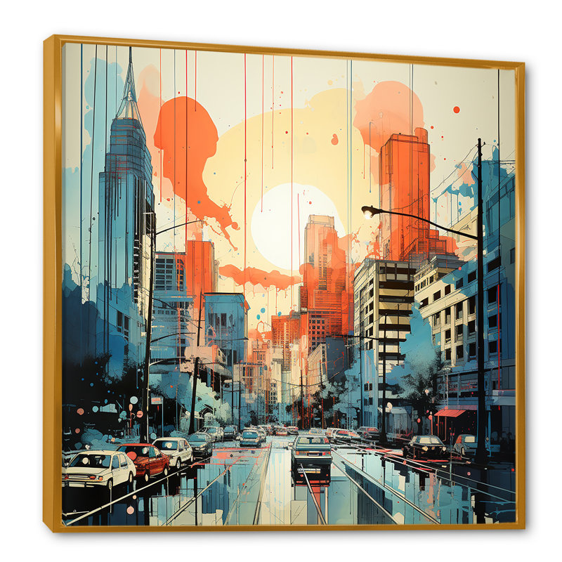 Paysage urbain d'Atlanta, coucher de soleil II - Art mural d'Atlanta, Cadre flottant doré, H 36 po x l 36 po x P 1,5 po