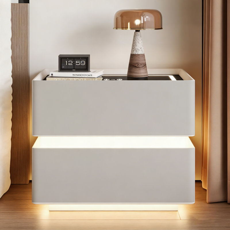 Modern Smart 2 - Drawer Nightstand With Wireless Charging, 3-color Led Lights Light Gray Solid Wood Bedside Table