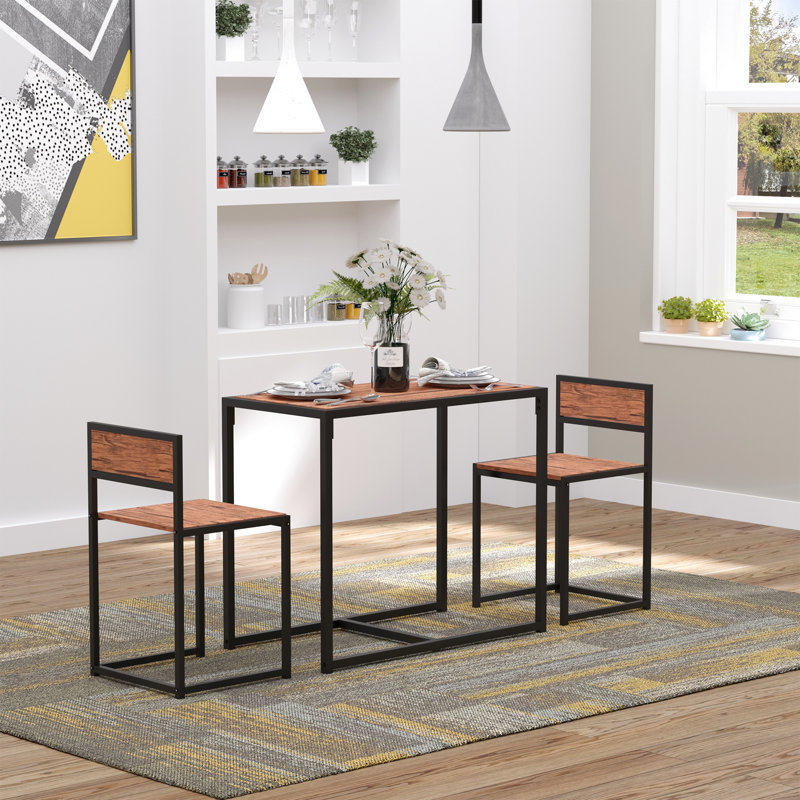 3 tables repas compactes pour 2 personnes, table et chaises de cuisine. Fabrication robuste avec base en acier. Rangement de chaise confortable à dossier bas. De table à rayures. Brun. Assemblage simple. L 35,5 po x l 18,5 po