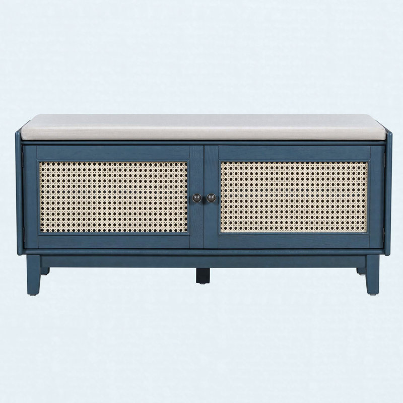 Boho Rattan Storage Shoe Bench with Cushion and Double Doors, Antique Navy and Beige, Antique Navy