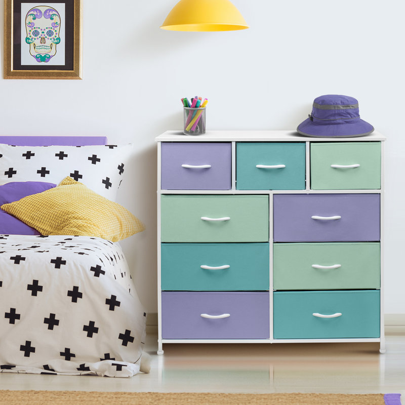 9 Drawers Dresser with Steel Frame and Wood Top, Purple/Blue/Green