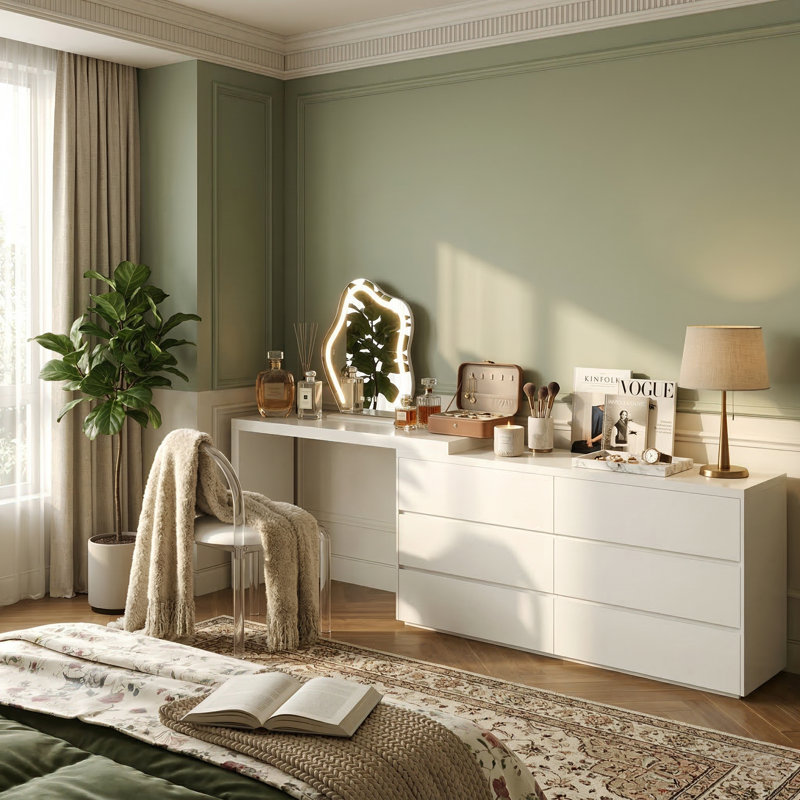 Cream Vanity Extendable Vanity Table with 6 Drawers Modern Home Fully Assembled