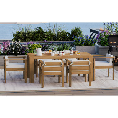 Ensemble de table de salle à manger 7 pièces pour 6 personnes, ensemble de mobilier d'extérieur avec table rectangulaire de 72,8 po, table de patio et chaises avec coussins amovibles pour la cour, le jardin, la piscine (coussin en teck clair et beige)