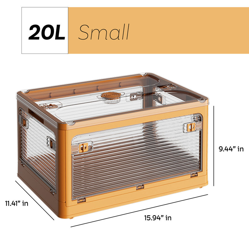 Medium Collapsible Storage Box Bin, 5 Side Clear Open Access Stackable w/ Lid, Wheels, Yellow, 9.44" H x 18.7" W x 13.97" D