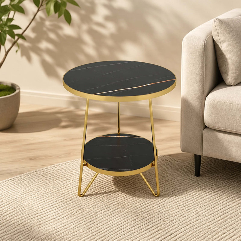 Table d'appoint et table de chevet moderne à deux niveaux ronde en faux marbre et veine dorée noire