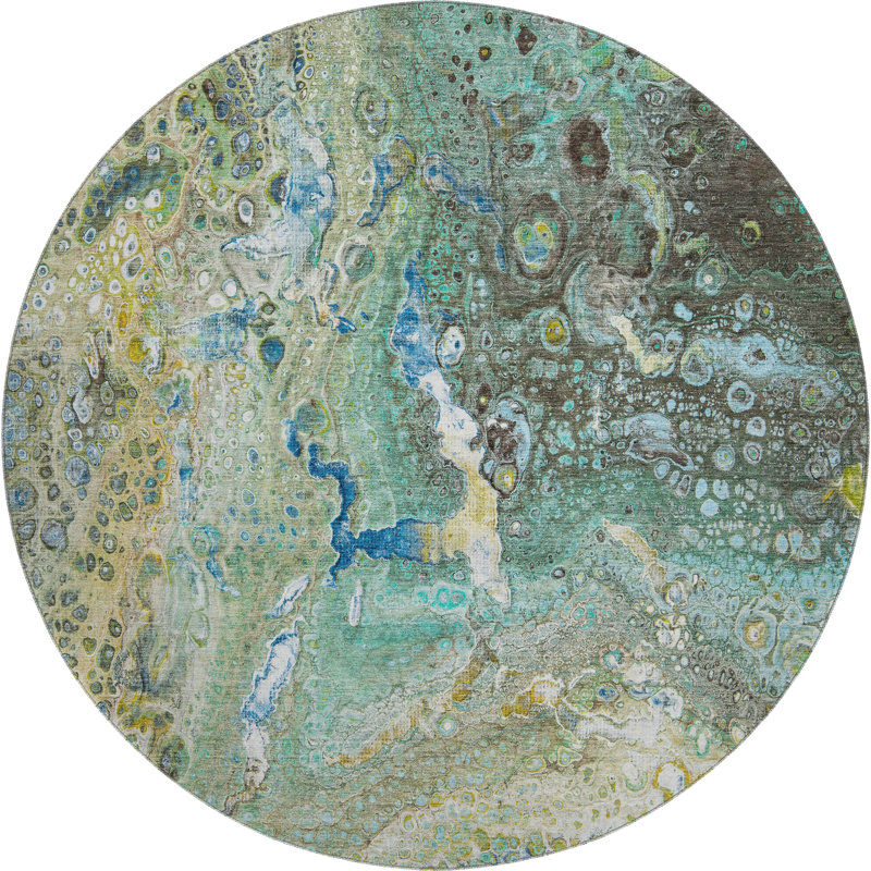 Tapis bleu sarcelle de qualité supérieure lavable à la machine Cerrito AMF588, Rond 8 pi