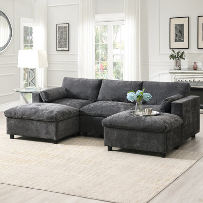 Canapé modulaire de 84,5 po avec poches de rangement, ensemble de canapé en chenille en forme de U à 5 sièges avec coussins, canapé à combinaison libre avec repose-pieds mobile