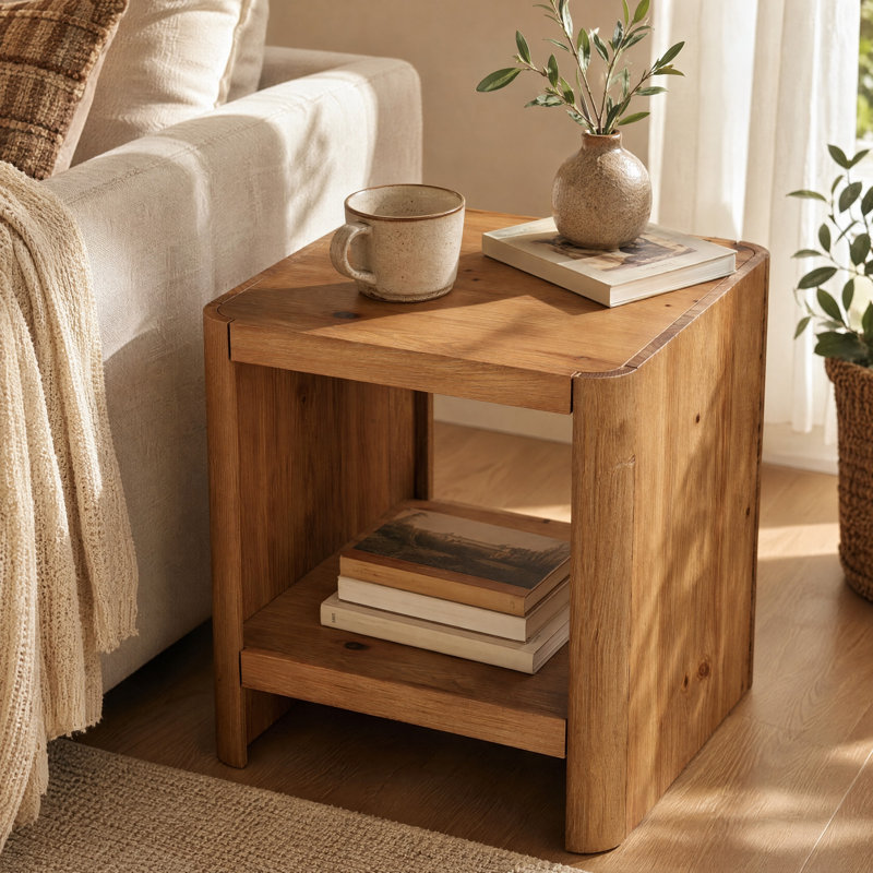 Table de bout en bois massif, table d'appoint carrée rustique à 2 niveaux