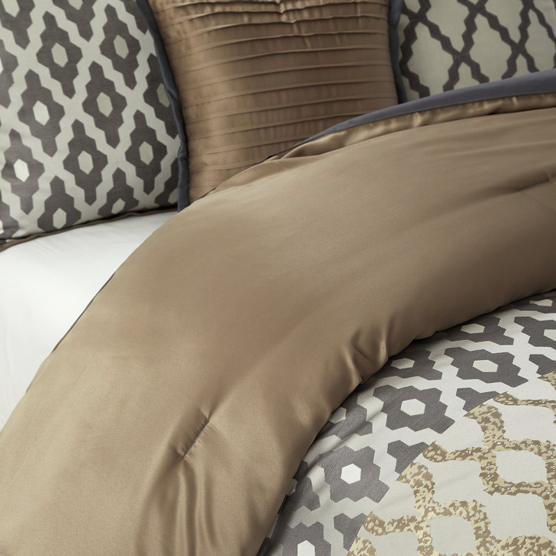 Caval 10 Piece Jacquard Comforter Set, Queen Comforter + 9 Additional Pieces, Gray/Taupe/White