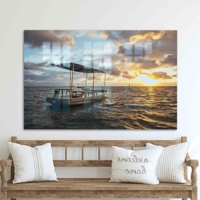Cloudy Ocean Landscape Artwork On Tempered Glass For Wall Decoration