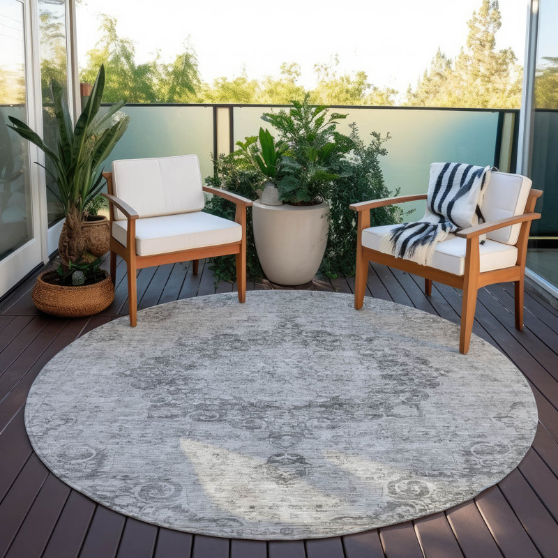 Machine Washable Indoor/Outdoor Claudian ACN1238 Silver Rug, Round 8'