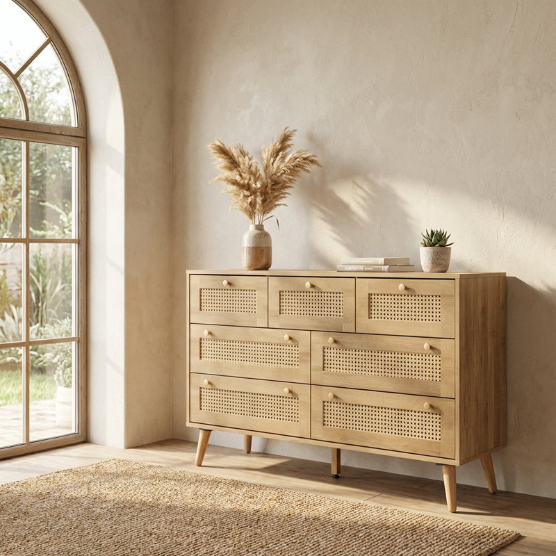 Anisjon & Rattan 7 Drawer Chest Of Drawers, Oak
