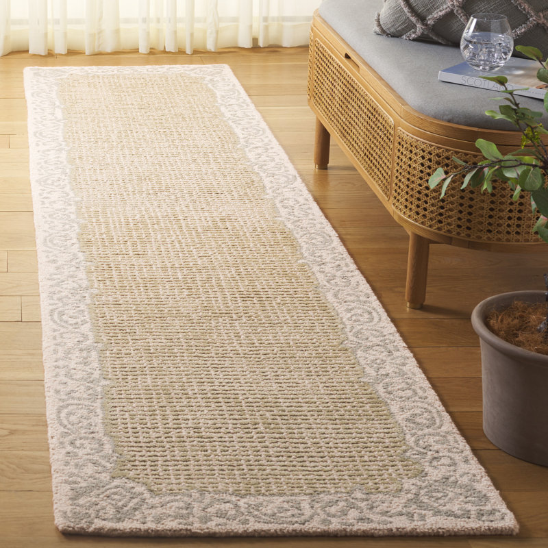 Varick Ebony Hand Tufted Wool/Cotton Floral Rug in Green/Beige, Runner 2'3" x 9'