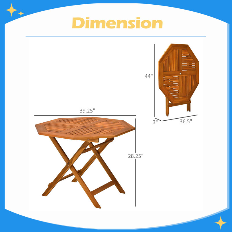 Table de salle à manger d'extérieur 39 po en bois d'acacia, table de patio octogonale avec trou pour parasol