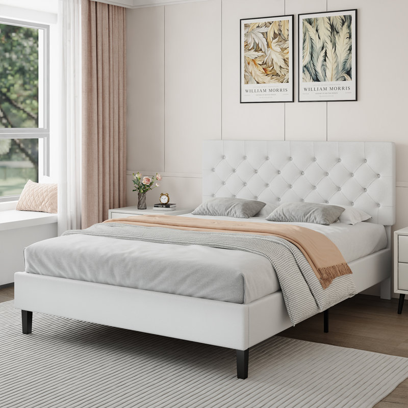Structure de lit avec tête de lit, lit plateforme tapissier avec capitonnage à boutons Desigh, Blanc, Grand lit