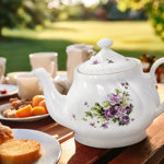 Nika 1.16 qt. Porcelain China Teapot – White, With Lid, Embossed Detail
