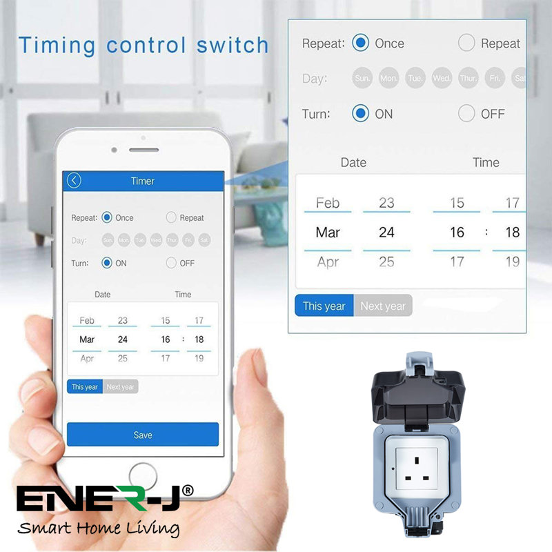 Ener-J Smart 1 Gang 13A Wall Socket WiFi Weatherproof Outdoor Socket Grey 240V