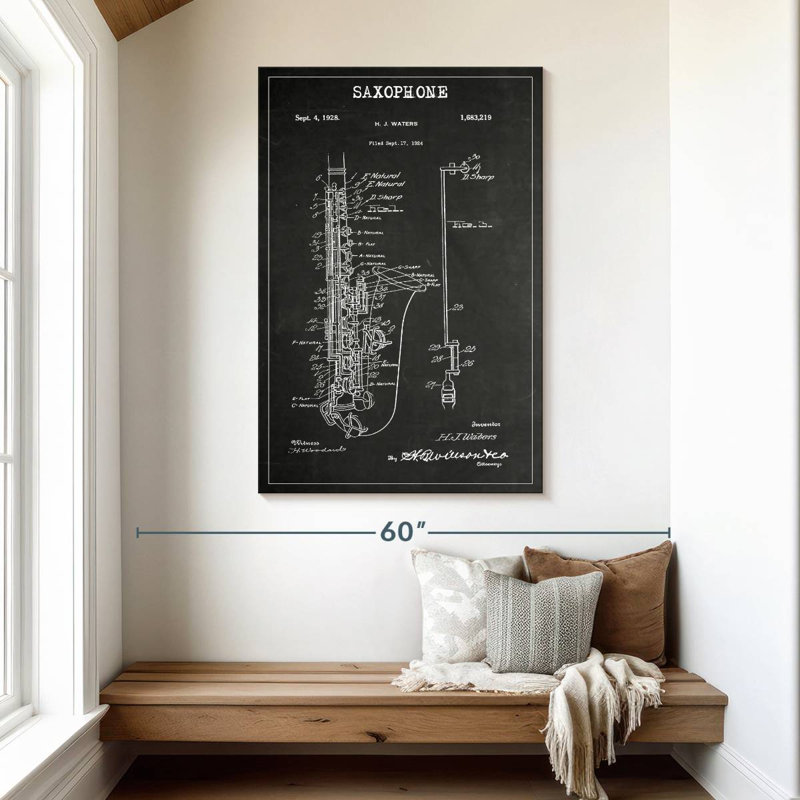 Saxophone BW verni sur toile, H 48 po x l 32 po x P 1,25 po