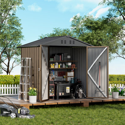Comhoma Shed Outdoor Storage Shed Metal, Lockable Doors Tool Sheds With Sloping Roof, Steel Garden Shed With Air Vent For Backyard, Patio, Lawn, Poolside(Brown,6'X4')