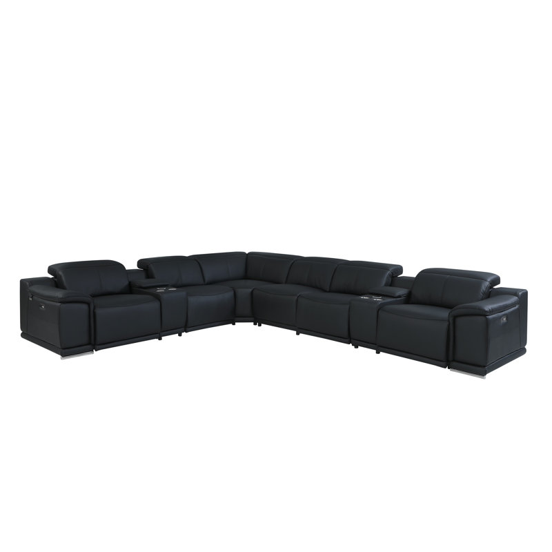 Thijmen 151" Wide Genuine Top Grain Italian Leather Symmetrical Reclining Corner Sectional, Black Genuine Leather