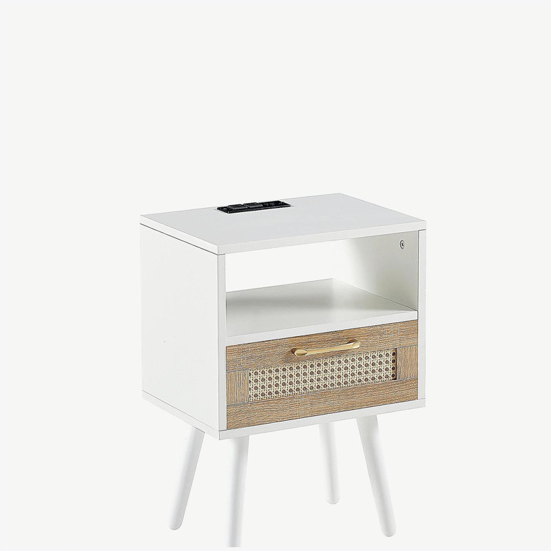 15.75" Rattan End table with Power Outlet  & USB Ports , Modern nightstand with drawer and solid wood legs, side table for living room, bedroom, white