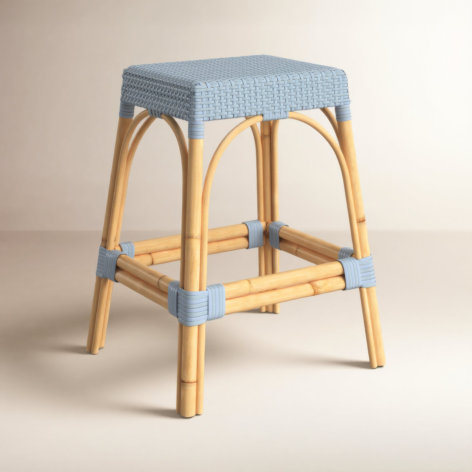 Lennart Bar and Counter Stool, Baby Blue/ Natural Rattan Frame, Counter Stool (24.5" Seat Height)