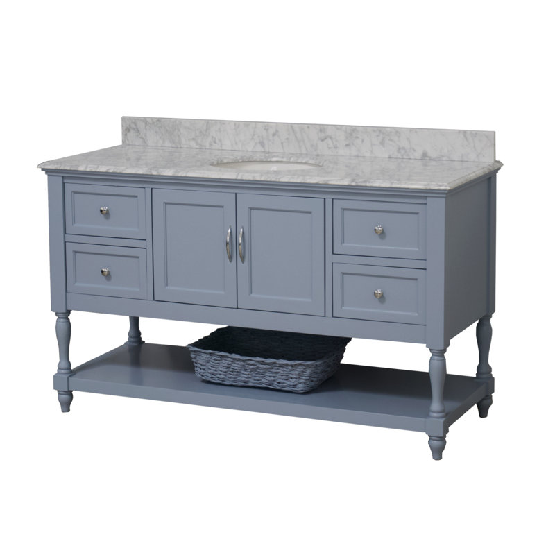 Ensemble de meuble-lavabo simple de 60 po Hampton, Bleu poudre, Marbre de Carrare