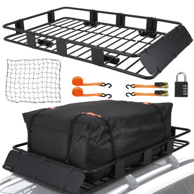 163x99cm Roof Rack Cargo Basket, 90kg Capacity Heavy Duty Steel Carrier with Waterproof Bag, Net & Straps, Universa, Adjustable Width l for SUV Truck Car