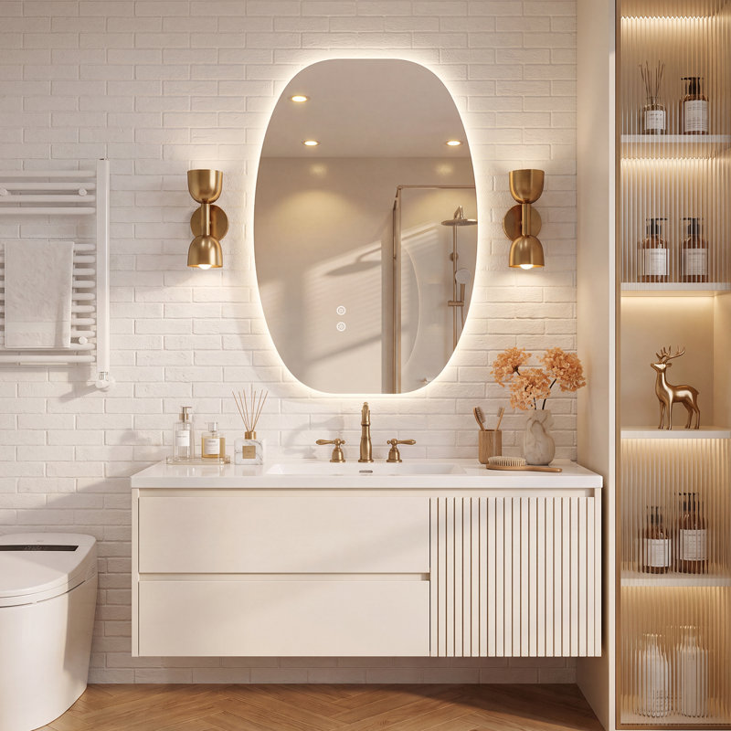 Miroir de salle de bain ovale à DEL rétroéclairé sans cadre avec antibuée, éclairage 3 couleurs, gradation continue, mémoire intelligente, verre trempé, certifié UL / ETL