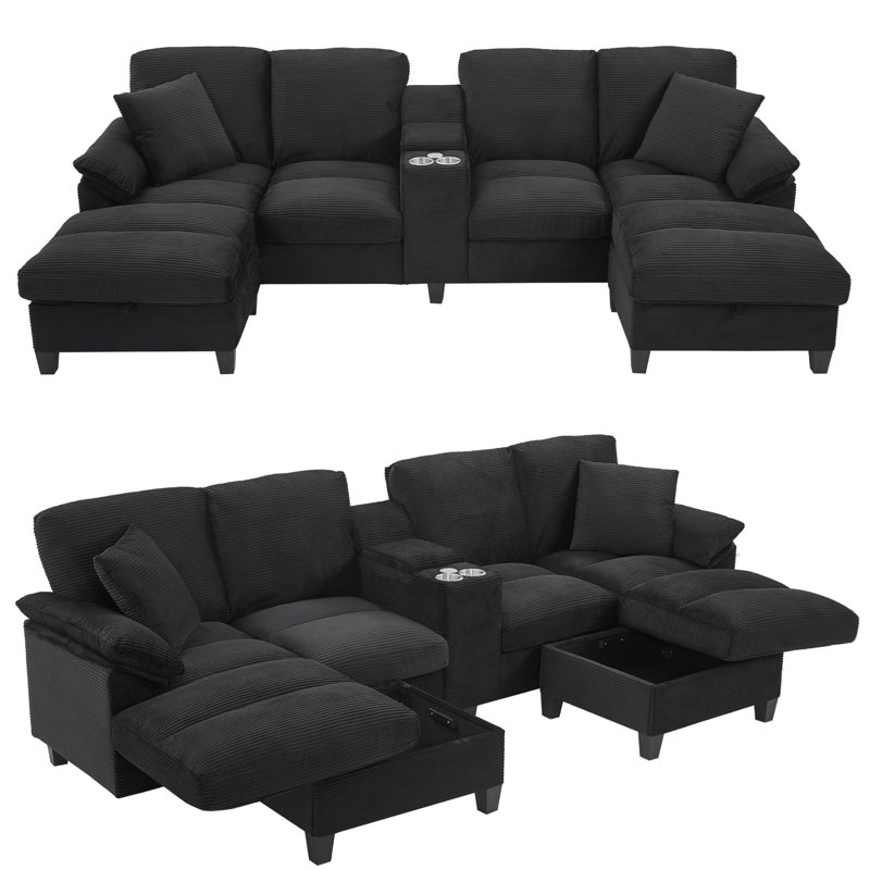 116.9" Modern U-shaped Sectional Sofa with Storage Ottomans, Center Console featuring Cup Holders & USB Ports, Corduroy Upholstered Sofa with Pillow Top Arms for Living Room