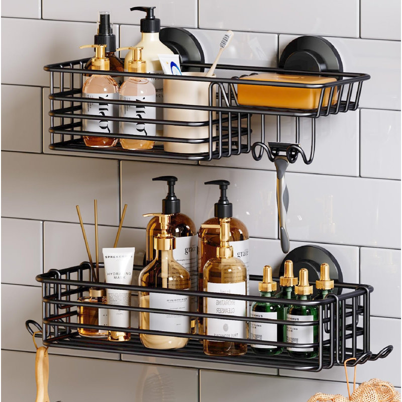 Ensemble de 2 ventouses de douche avec crochets et porte-savon, organisateur de douche robuste pour la salle de bain, Noir
