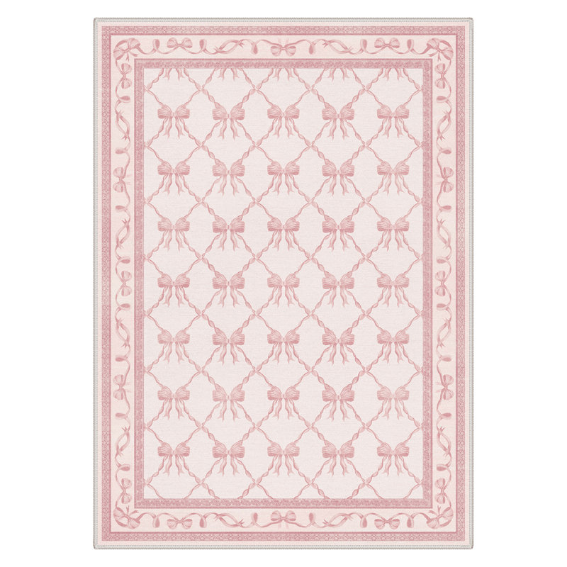 Coquette Pink Bow Trellis Machine Washable Non-slip Kids Area Rug, Rectangle 9' x 12'