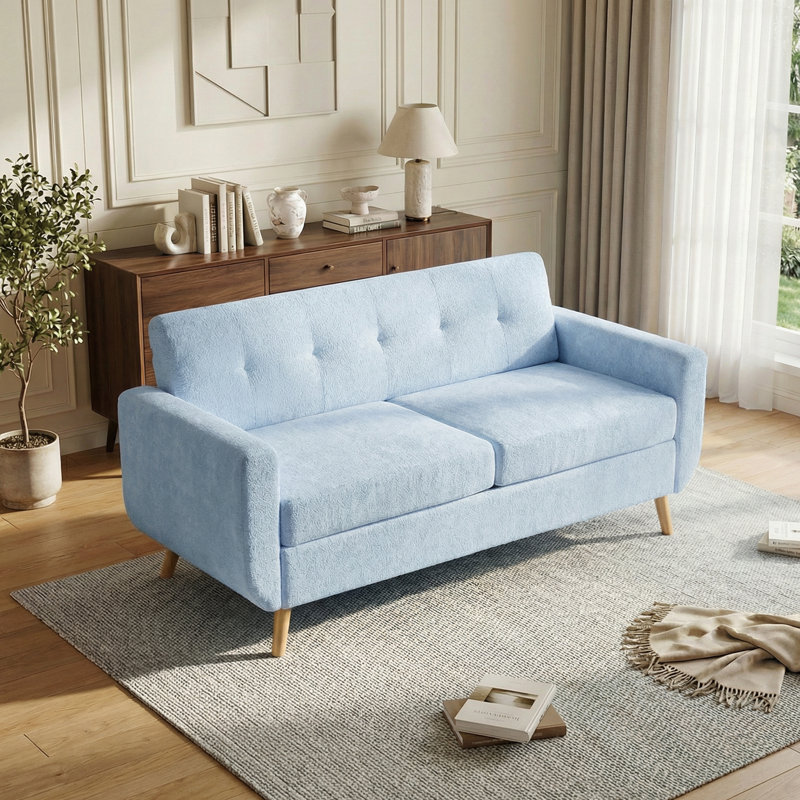 66" Square Arm Loveseat, Mid-Century Modern Chenille Couch with Reinforced Iron Frame for Living Room, Easy Assembly
