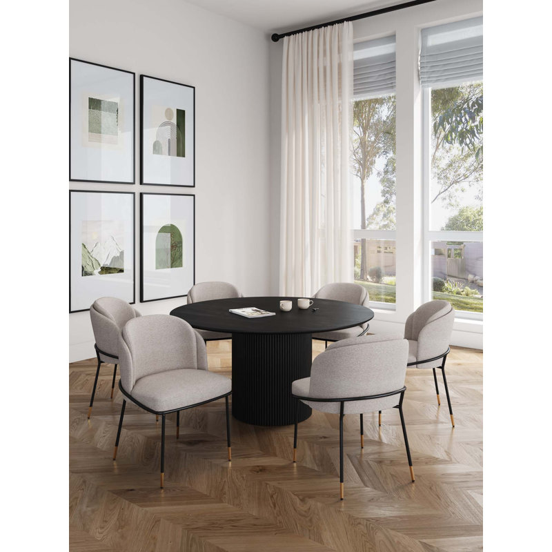 Flor and Hathaway 7-Piece Modern Solid Ash Wood Dining Set with Twill Weave Upholstered Chairs in Wheat and Black, Beige