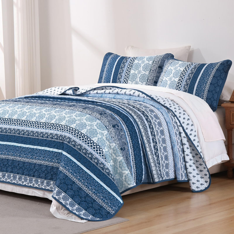 Ensemble de courtepointe Boho pour grand lit, ensembles de courtepointe bohémiens 3 pièces bleu marine, couvre-lit léger en microfibre pour couvre-lit toutes saisons (96 po x 90 po)