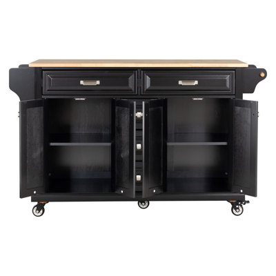 Kitchen Island With Rubber Wood Countertop, Kitchen Cart On 5 Wheels With Storage Cabinet And 5 Drawers For Dinning Room