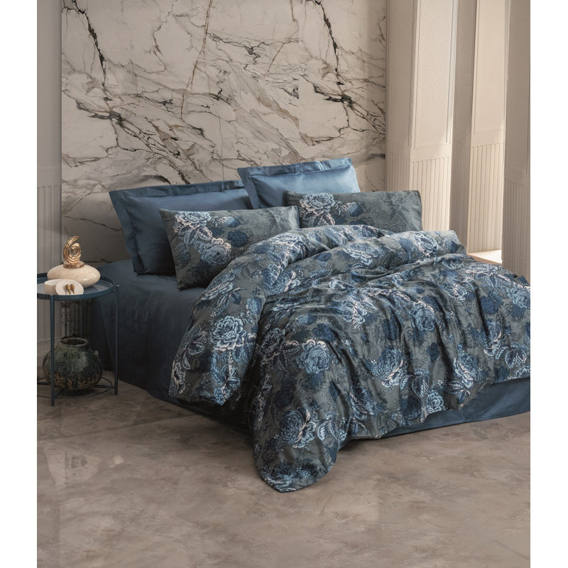 Ensemble de housse de couette luxueuse en satin de coton à 100%, bleu pétrole | Housse de couette 79 x 79 et taies d'oreiller 31,5 x 31,5 (2 pièces) | Impression réactive, lavable à la machine, conception élégante à fermeture à boutons, densité de tissage de 211