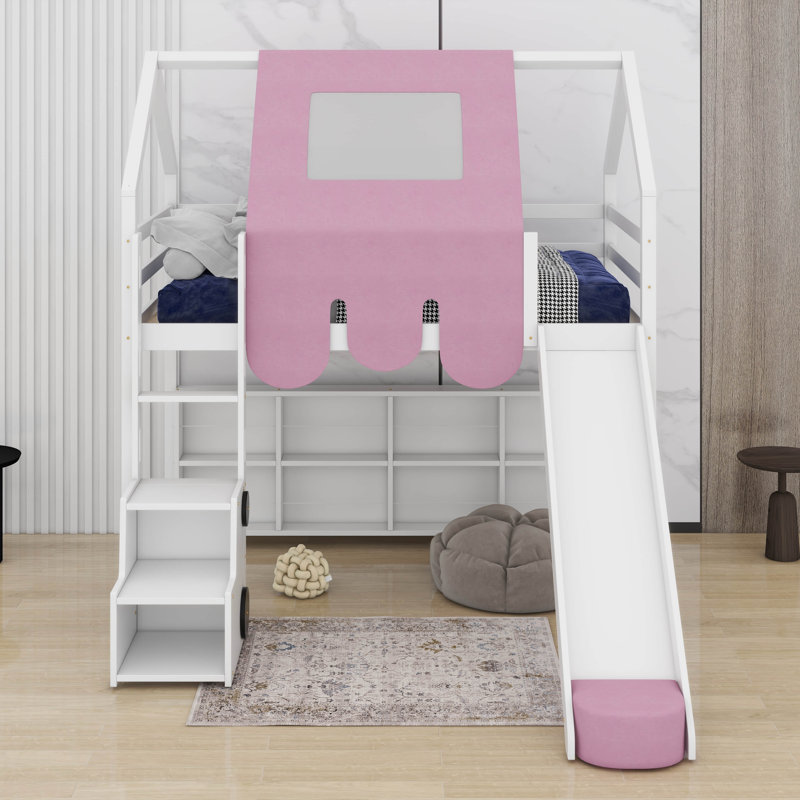 Lit mezzanine simple avec tente, Blanc / Rose