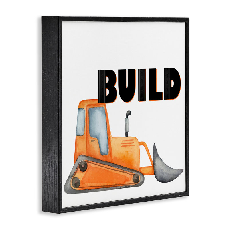 Fabriqué avec un bulldozer orange, estampe numérique, design par Kim Allen, Giclée encadrée noir minuit, H 12 po x l 12 po