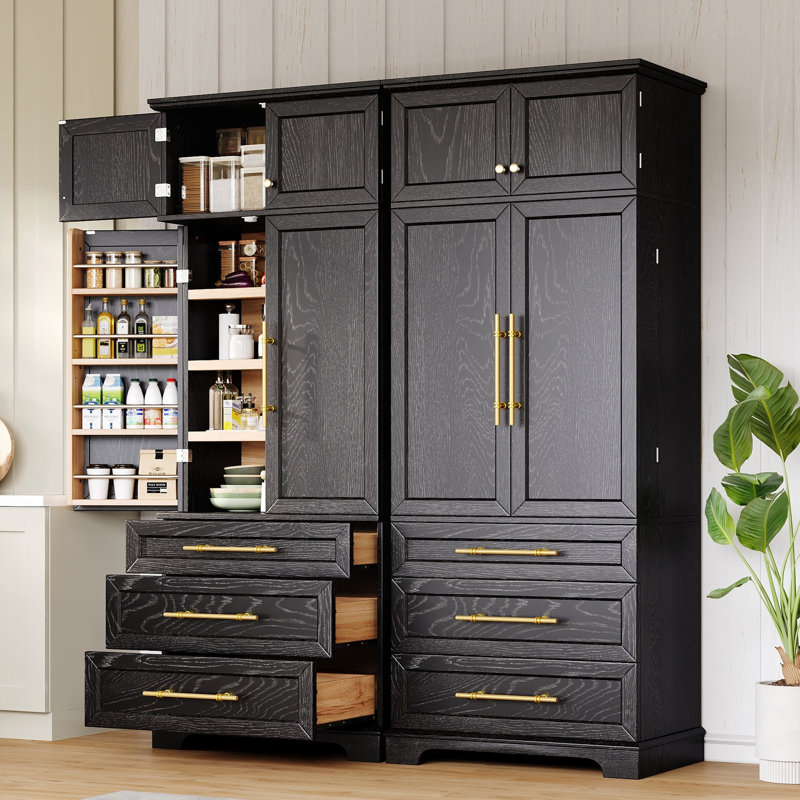 Grand garde-manger campagnard avec grands tiroirs, tablettes de porte et tablettes réglables, Black
