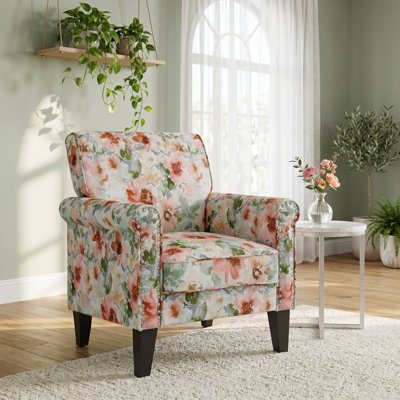 Fauteuil d'appoint à accoudoirs roulés l 33,5 po avec garniture cloutée et pieds en bois massif