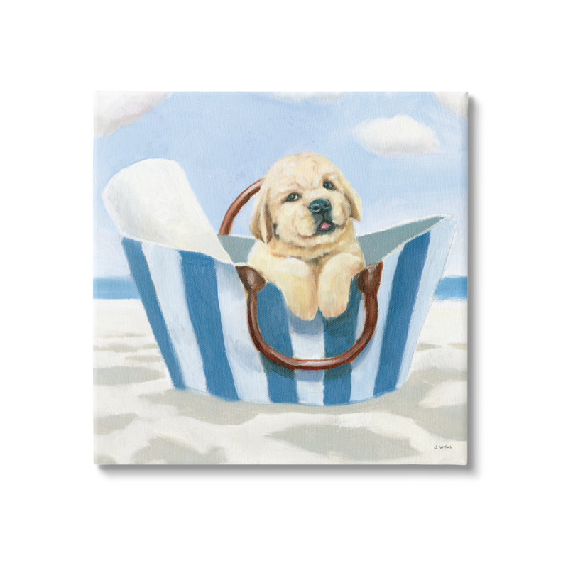 «Stupell Industries Puppy at Beach Landscape», art mural sur toile par James Wiens, H 24 po x l 24 po x P 1,5 po, Cadre noir