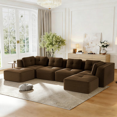 Canapé modulaire en U en velours côtelé 6 pièces avec 2 repose-pieds, conception capitonnée, sans assemblage