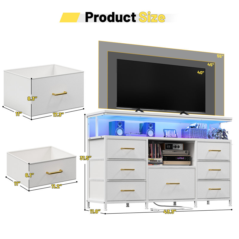 Meuble télé 55 po avec 7 tiroirs en tissu, lumières DEL et prises de courant, Blanc