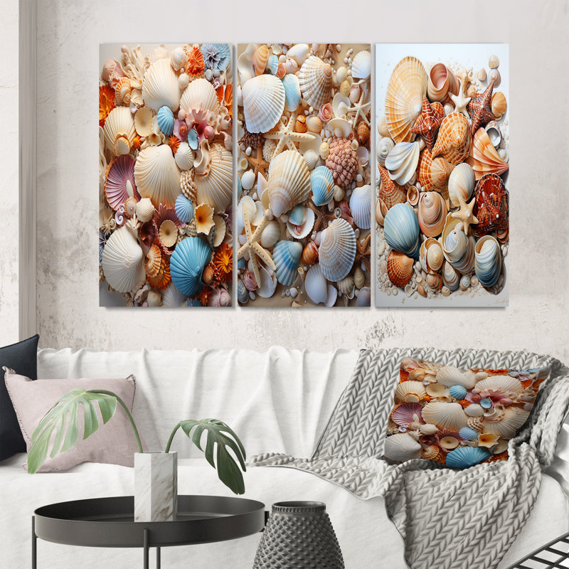 «Beach Photo Seashell Collage I», 3 pièces sur toile, H 32 po x l 48 po, Toile tendue