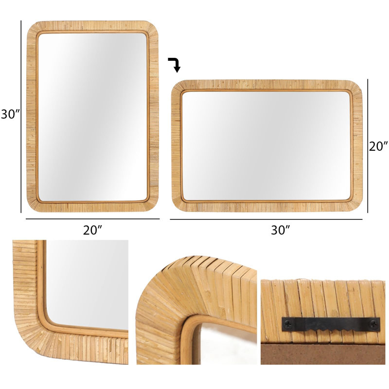 20" X 30" Rattan Wicker Rectangle Wall Mounted Bathroom Mirror For Coastal Boho Nursery Décor, Natural