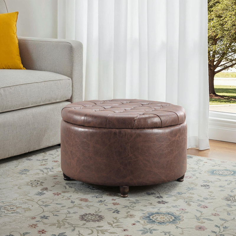 Sanni Faux Leather Ottoman, Distressed Black Faux Leather