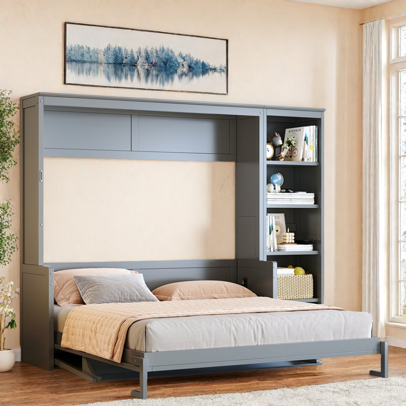 Lit escamotable avec bureau et tablettes Murphy, Gris, Grand lit