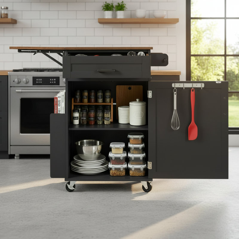 Black Farmhouse-Style Kitchen Island With Folding Tabletop, Storage Drawers, Open Side Shelf, Towel Rack, Lockable Wheels, And Rolling Trolley.