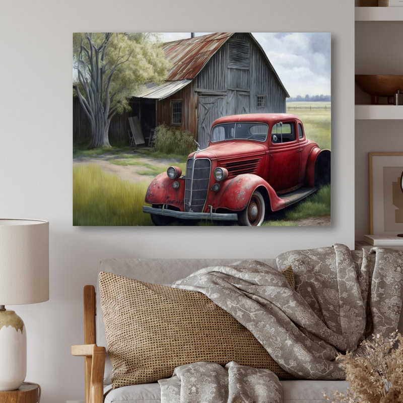 «Red Car» par Barn - reproduction sur toile, Gold Picture Framed, 16" H x 32" W